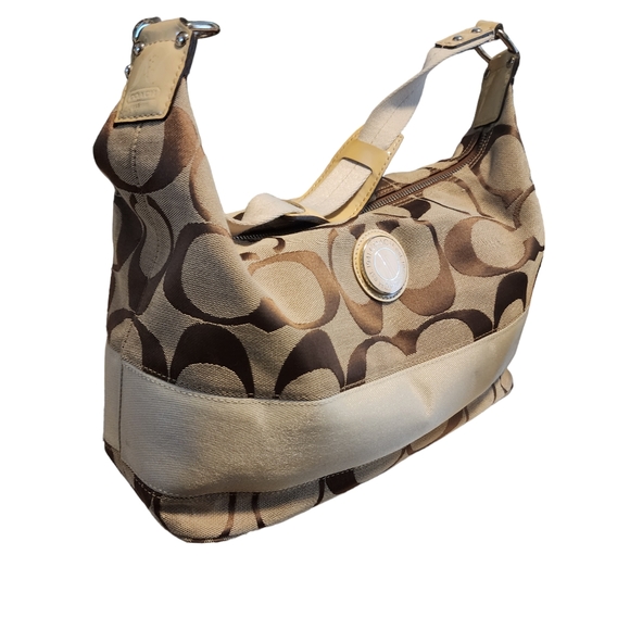 Coach Brown on Tan Stripe Signature Monogram Hobo Bag 23769E - Picture 3 of 8